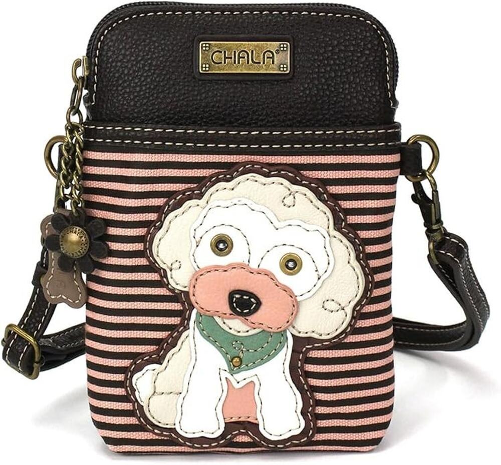 Chala Faux Leather Cellphone Crossbody Purse - Poodle, Burgundy Stripe NWT